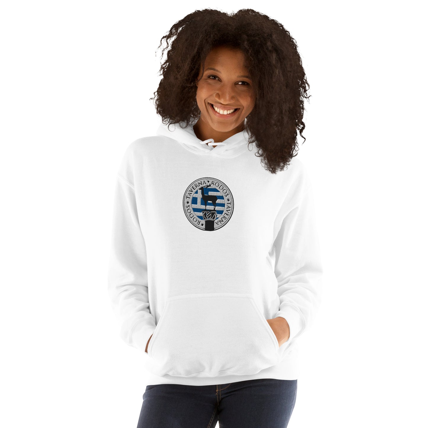 Adult Traditional Hoodie "TAVERNA RODOS" Embroidered in Basic Black, Classic White & Royal Blue on Basic Black or Classic White