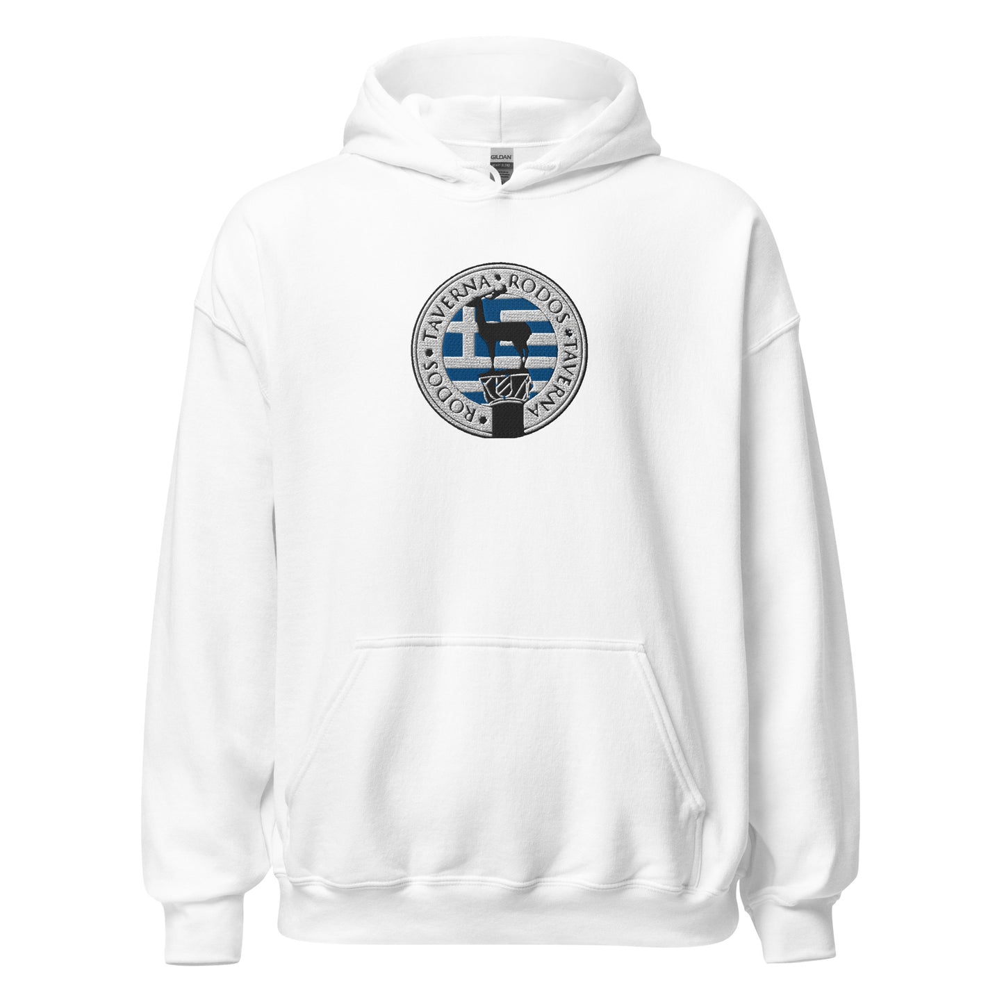 Adult Traditional Hoodie "TAVERNA RODOS" Embroidered in Basic Black, Classic White & Royal Blue on Basic Black or Classic White