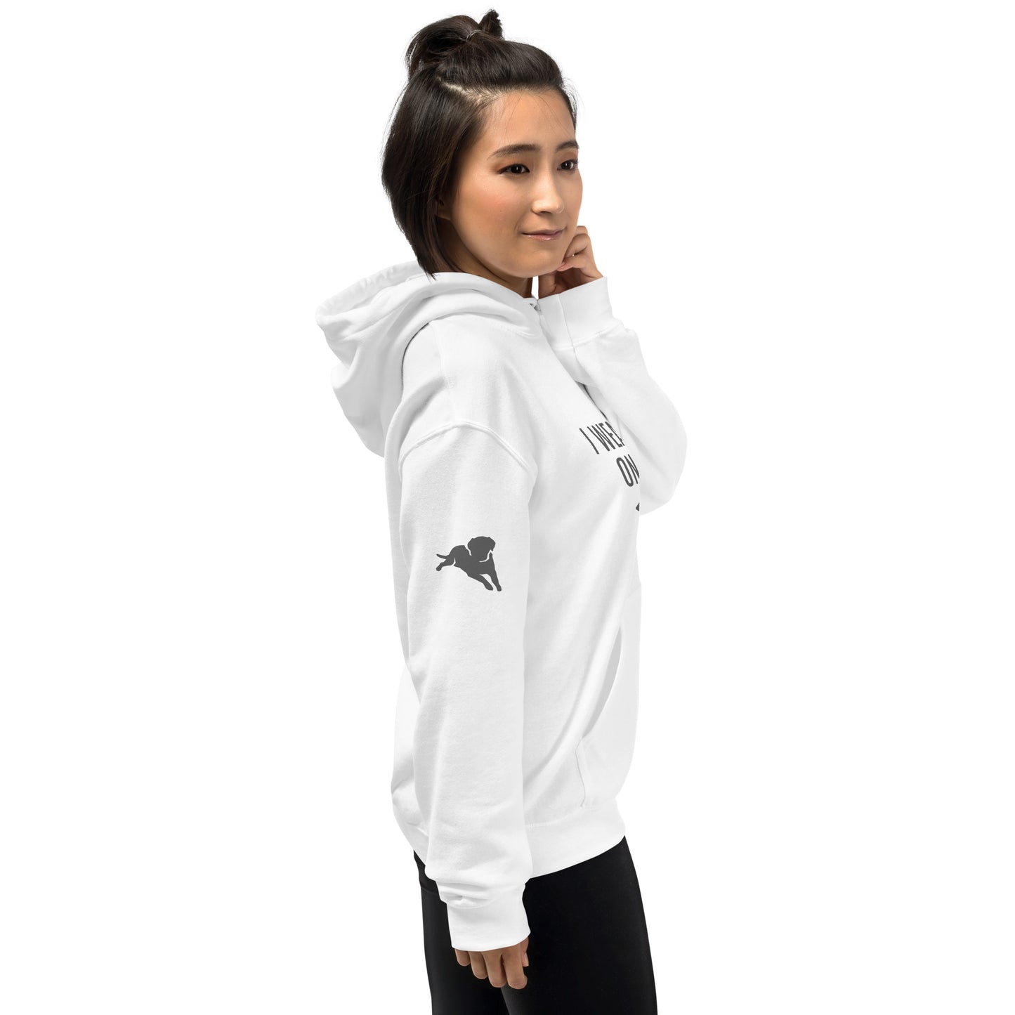 Adult Traditional Hoodie "I WEAR MY HEART ON MY SLEEVE" Dog in Storm Grey on Classic White, Light Blue or Light Pink