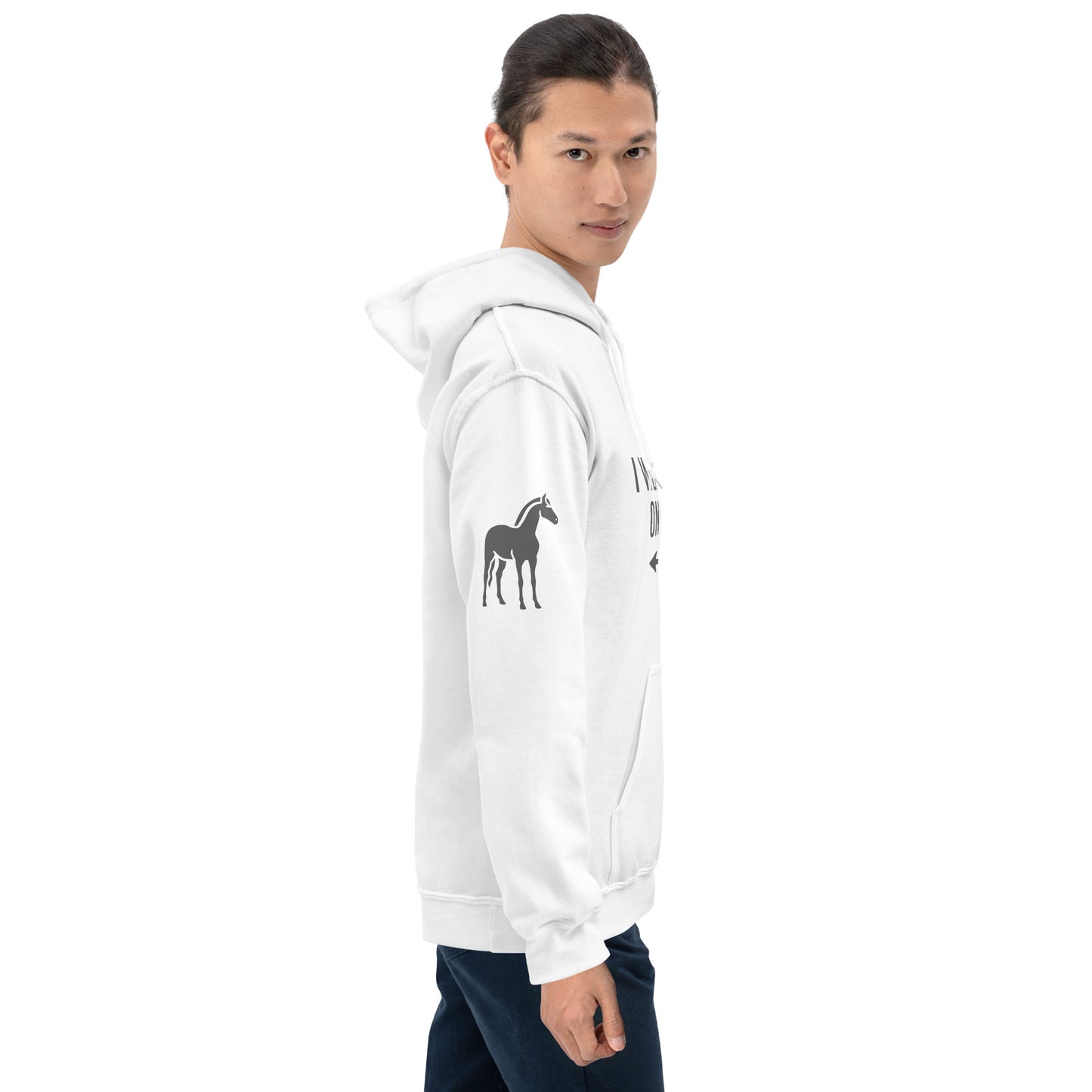 Adult Traditional Hoodie "I WEAR MY HEART ON MY SLEEVE" Horse in Storm Grey on Classic White, Light Blue or Light Pink