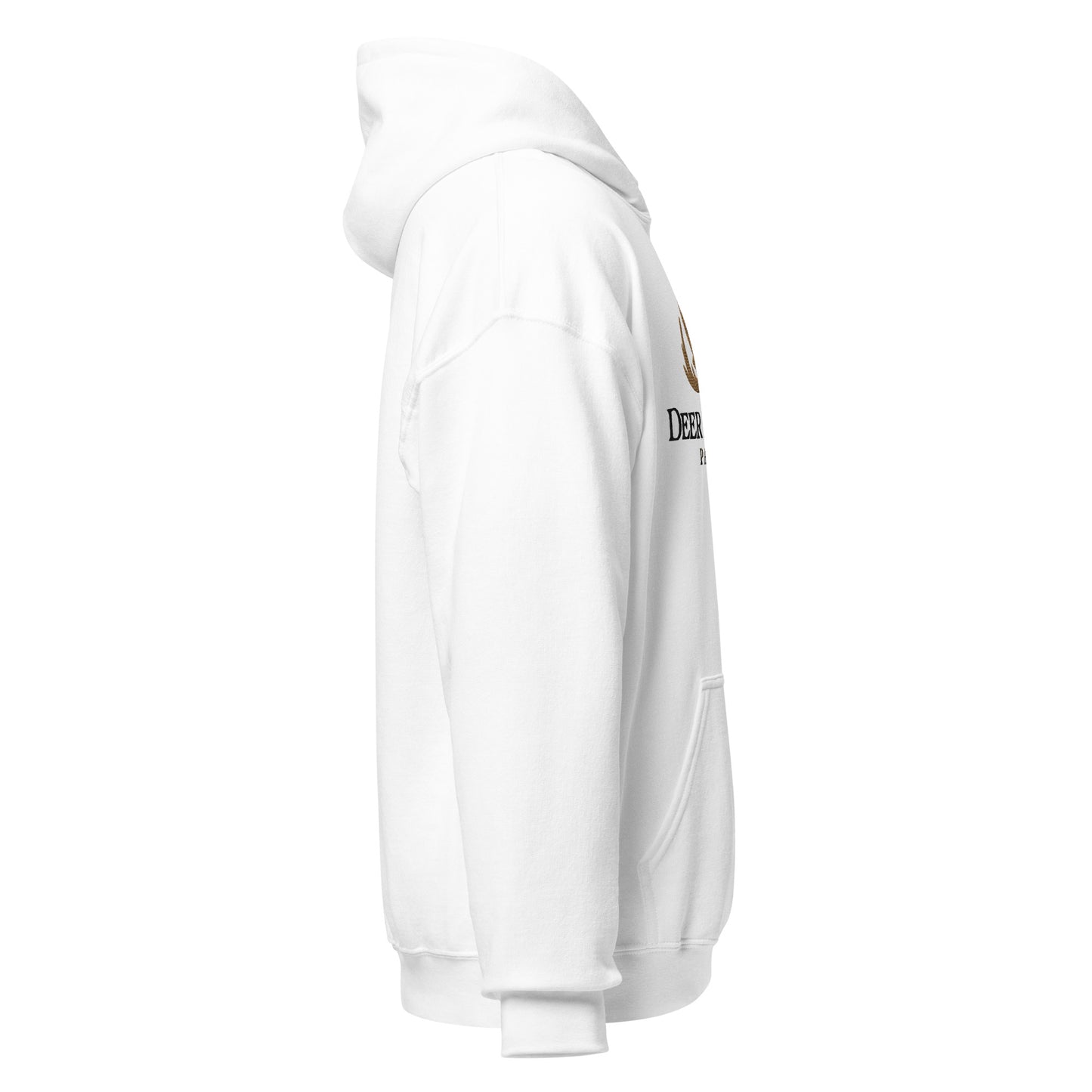 Adult Traditional Hoodie "DEER POINTE PARK" Embroidered in Basic Black & Old Gold on Classic White