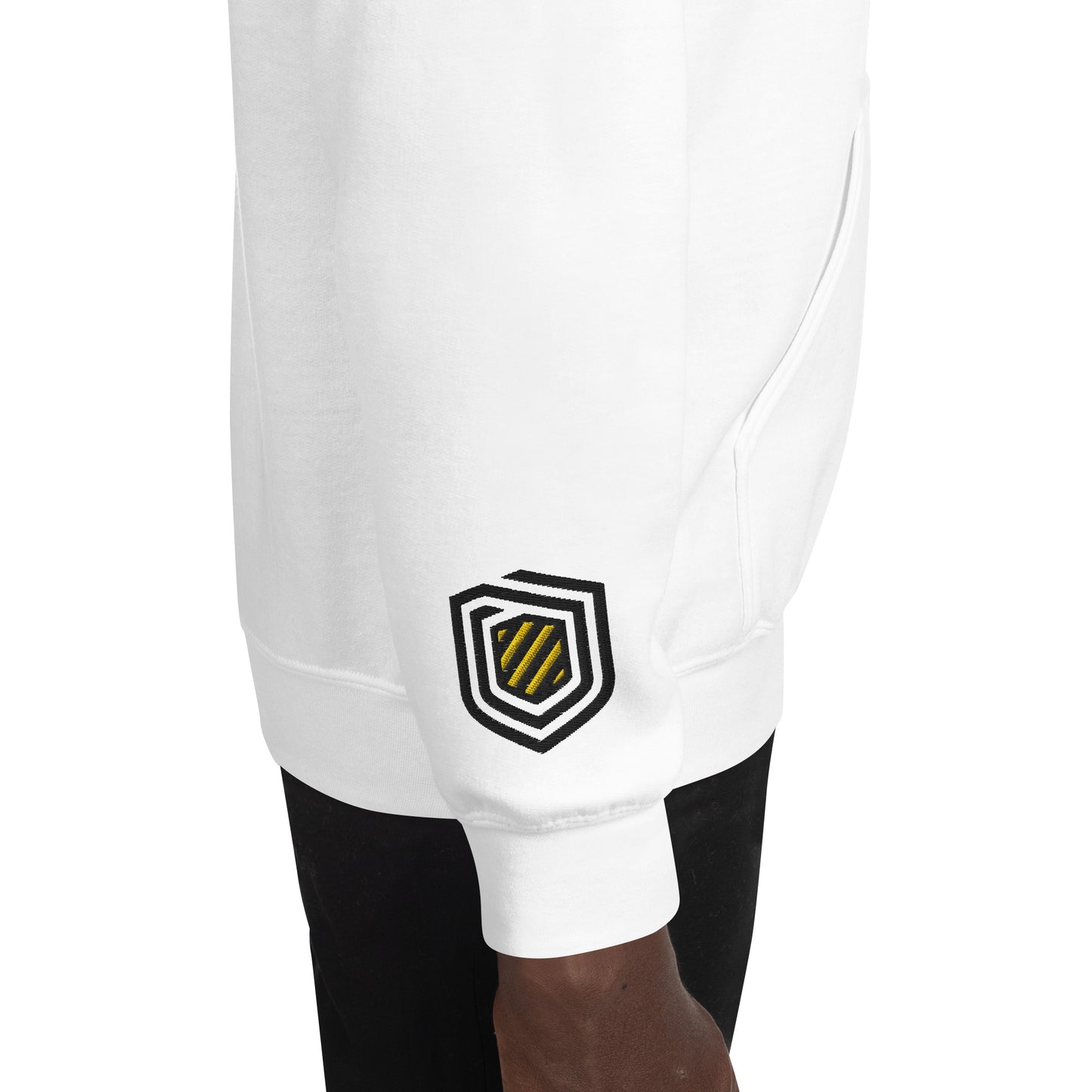Adult Traditional Hoodie "PRECISION EARTHWORKS INC" Embroidered in Basic Black & Gold on Classic White with Custom Wrist Accent