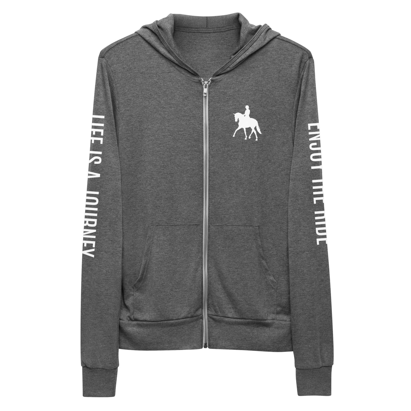 Adult Zip-Up Hoodie "LIFE IS A JOURNEY" in Classic White on Basic Black or Light Grey