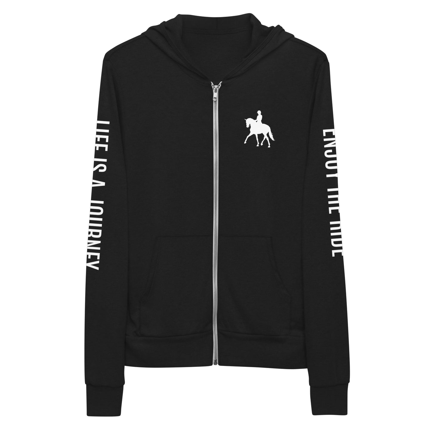 Adult Zip-Up Hoodie "LIFE IS A JOURNEY" in Classic White on Basic Black or Light Grey
