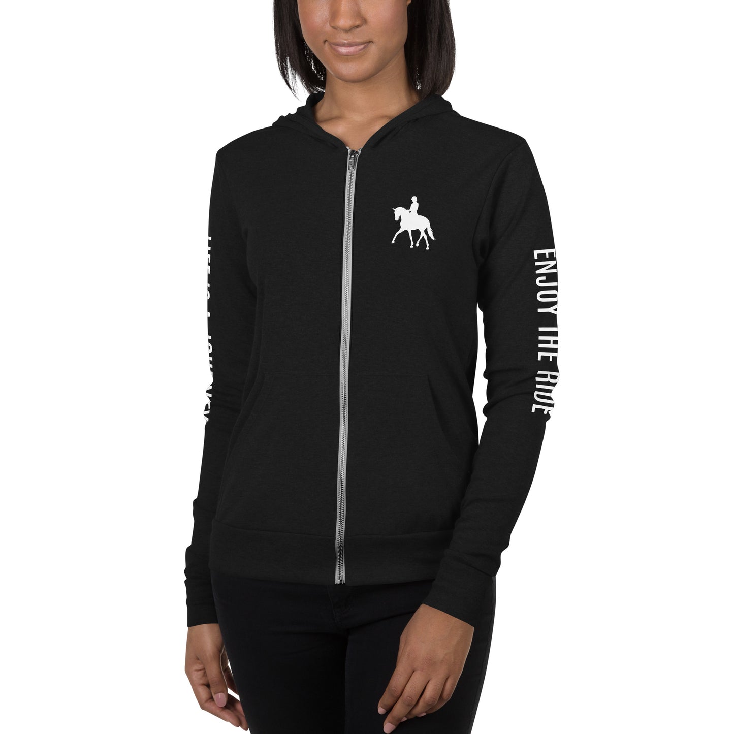 Adult Zip-Up Hoodie "LIFE IS A JOURNEY" in Classic White on Basic Black or Light Grey