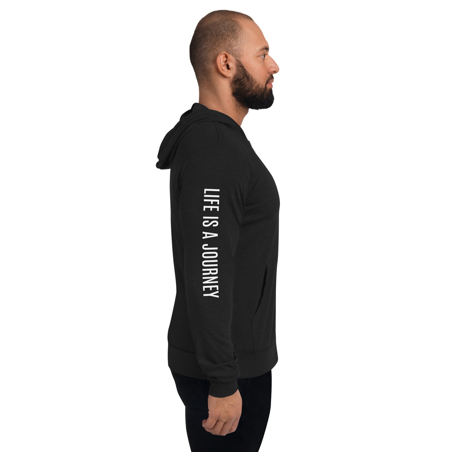 Adult Zip-Up Hoodie "LIFE IS A JOURNEY" in Classic White on Basic Black or Light Grey