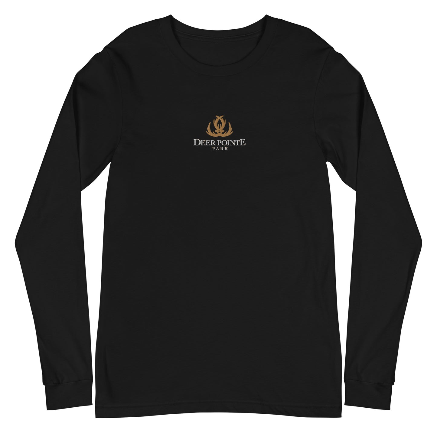 Adult Long-Sleeved Shirt "DEER POINTE PARK" Embroidered in Classic White & Old Gold on Basic Black