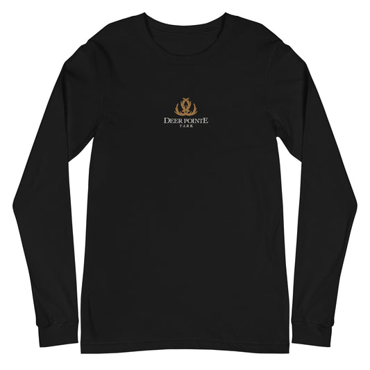 Adult Long-Sleeved Shirt "DEER POINTE PARK" Embroidered in Classic White & Old Gold on Basic Black