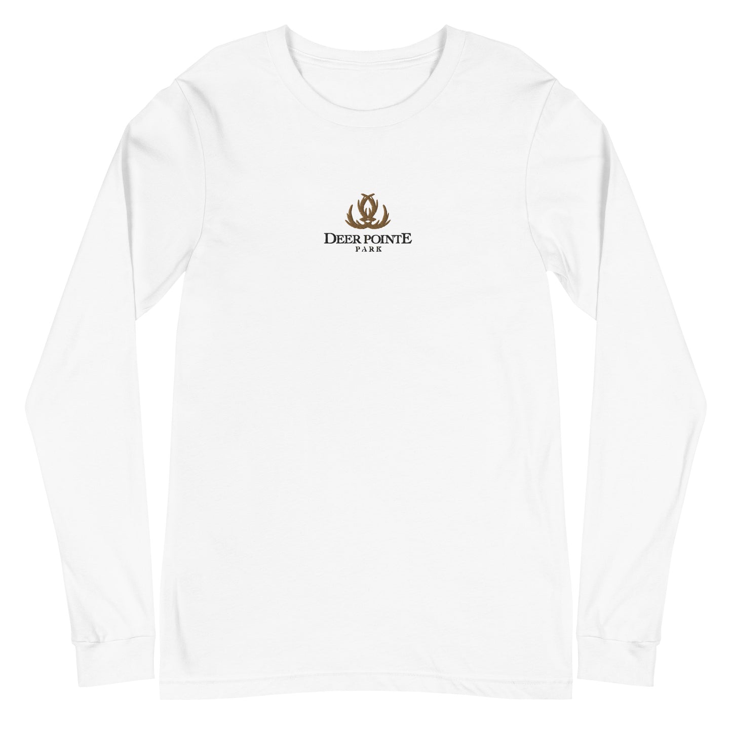 Adult Long-Sleeved Shirt "DEER POINTE PARK" Embroidered in Basic Black & Old Gold on Classic White
