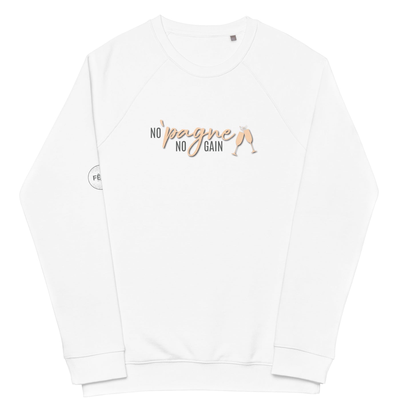 Adult Raglan Sweatshirt "NO 'PAGNE NO GAIN" in Peach Creamsicle & Storm Grey on Classic White