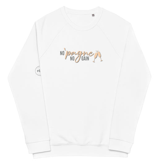 Adult Raglan Sweatshirt "NO 'PAGNE NO GAIN" in Peach Creamsicle & Storm Grey on Classic White