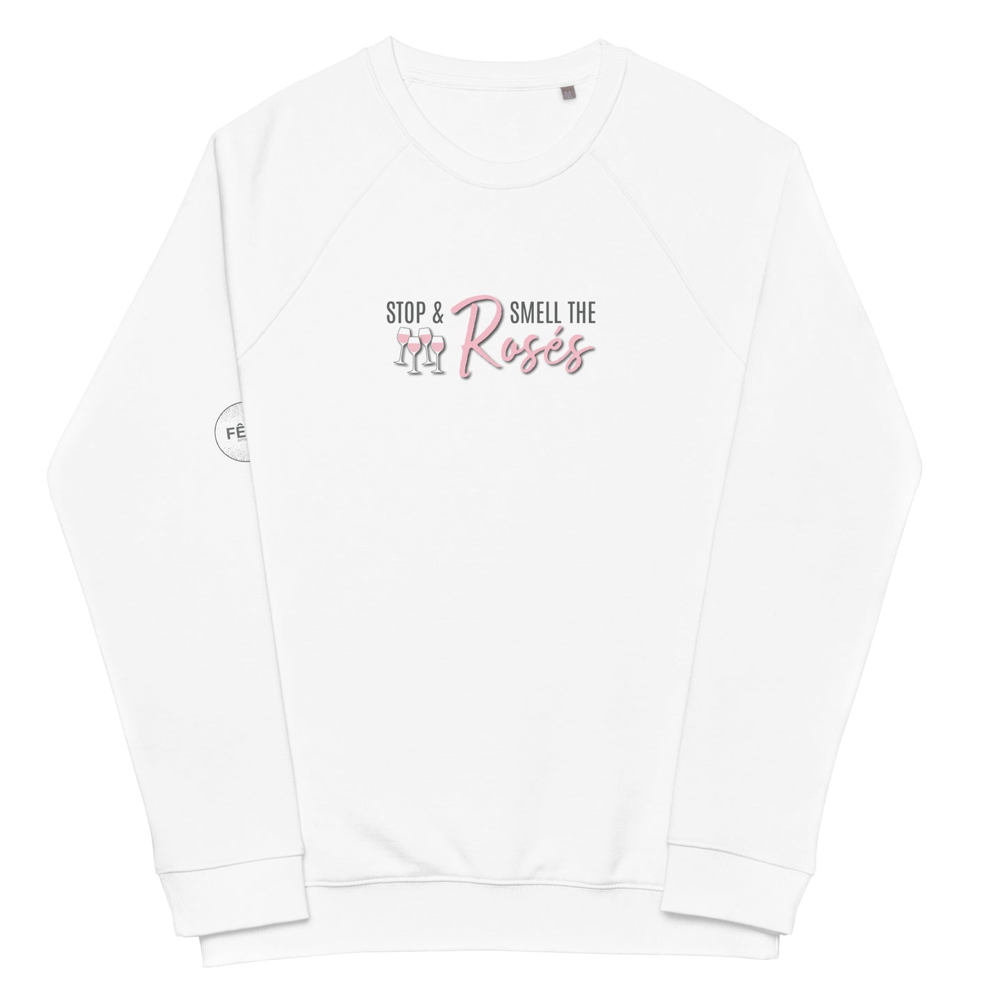 Adult Raglan Sweatshirt "STOP & SMELL THE ROSÉS" in Cotton Candy & Storm Grey on Classic White