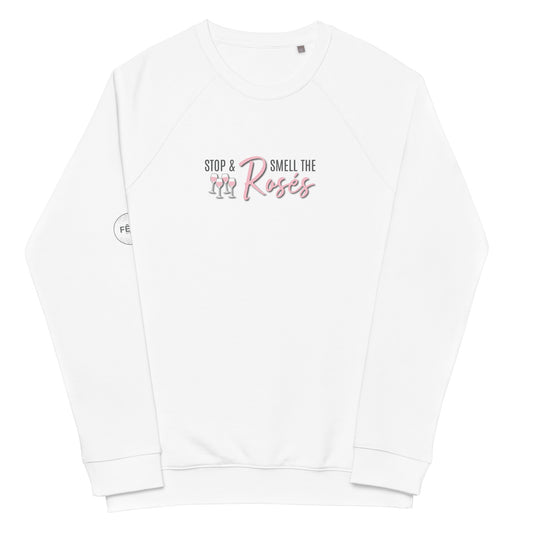 Adult Raglan Sweatshirt "STOP & SMELL THE ROSÉS" in Cotton Candy & Storm Grey on Classic White