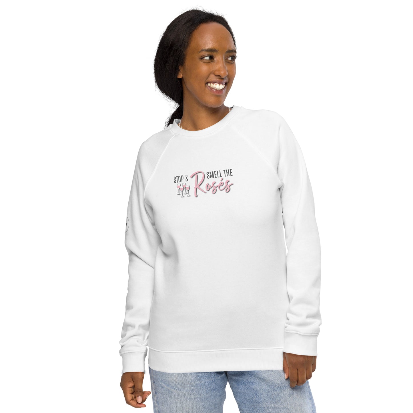 Adult Raglan Sweatshirt "STOP & SMELL THE ROSÉS" in Cotton Candy & Storm Grey on Classic White