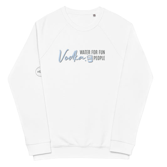 Adult Raglan Sweatshirt "VODKA. WATER FOR FUN PEOPLE" in Blue Bubblegum & Storm Grey on Classic White