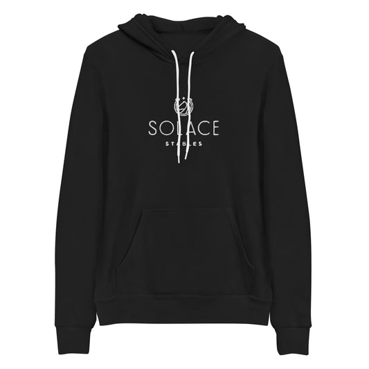 Adult Hoodie "SOLACE STABLES" Embroidered in Classic White on Basic Black