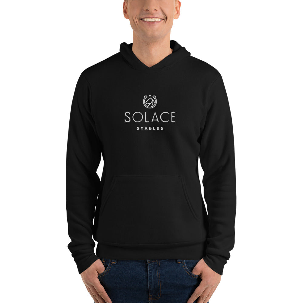 Adult Hoodie "SOLACE STABLES" Embroidered in Classic White on Basic Black