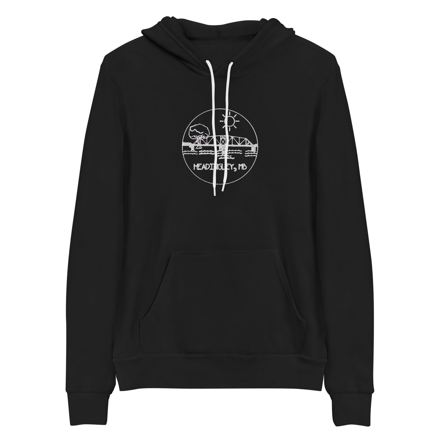 Adult Hoodie "HEADINGLEY, MB" Embroidered in Classic White on Basic Black