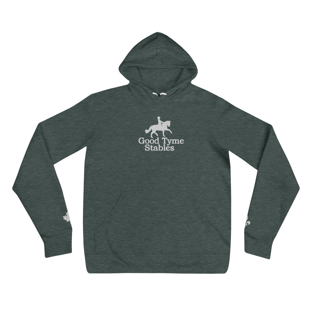 Adult Hoodie "GOOD TYME STABLES" Embroidered in Classic White on Basic Black, Navy Heather or Spruce Heather with Custom Wrist Accents