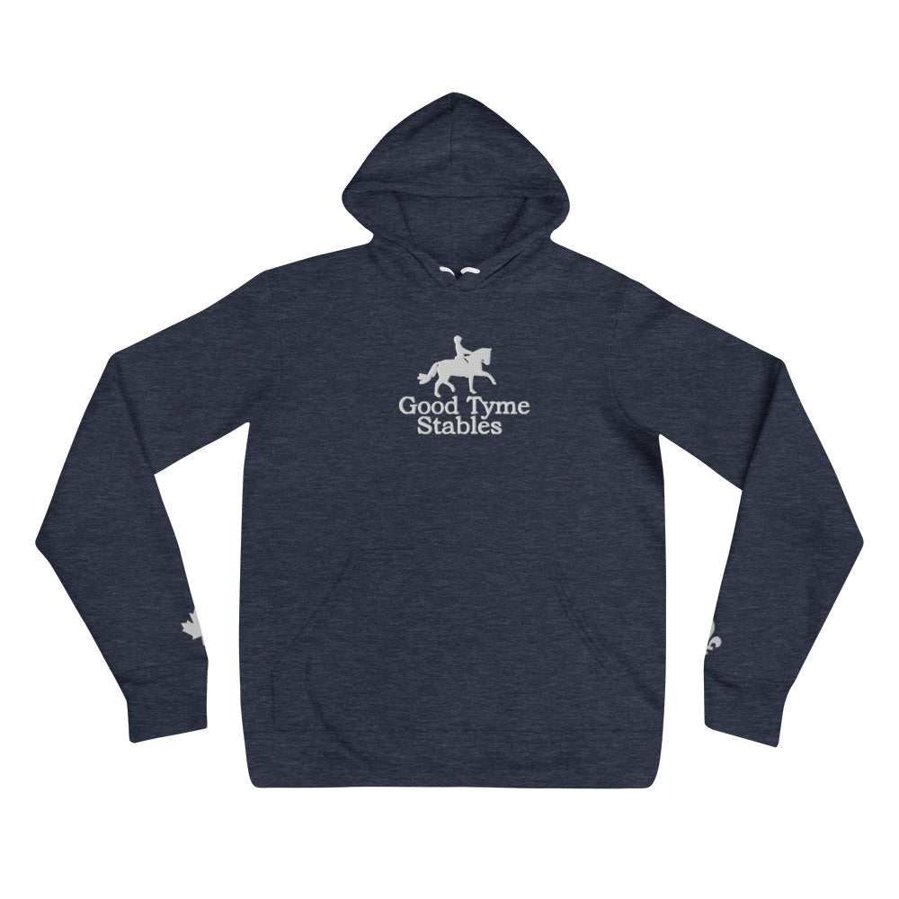 Adult Hoodie "GOOD TYME STABLES" Embroidered in Classic White on Basic Black, Navy Heather or Spruce Heather with Custom Wrist Accents