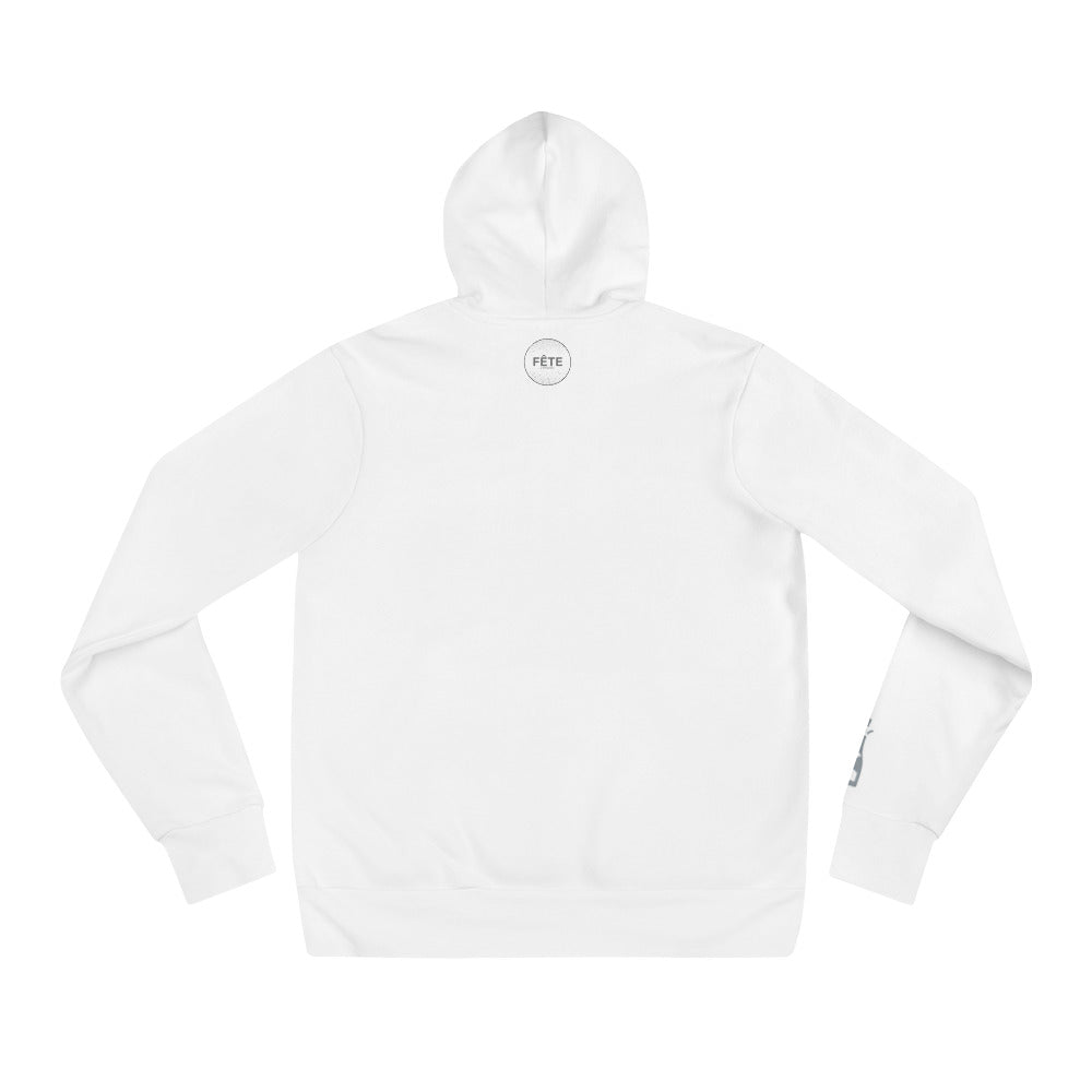 Adult Hoodie "PAIRS WELL WITH CHAMPAGNE" Embroidered in Storm Grey on Classic White