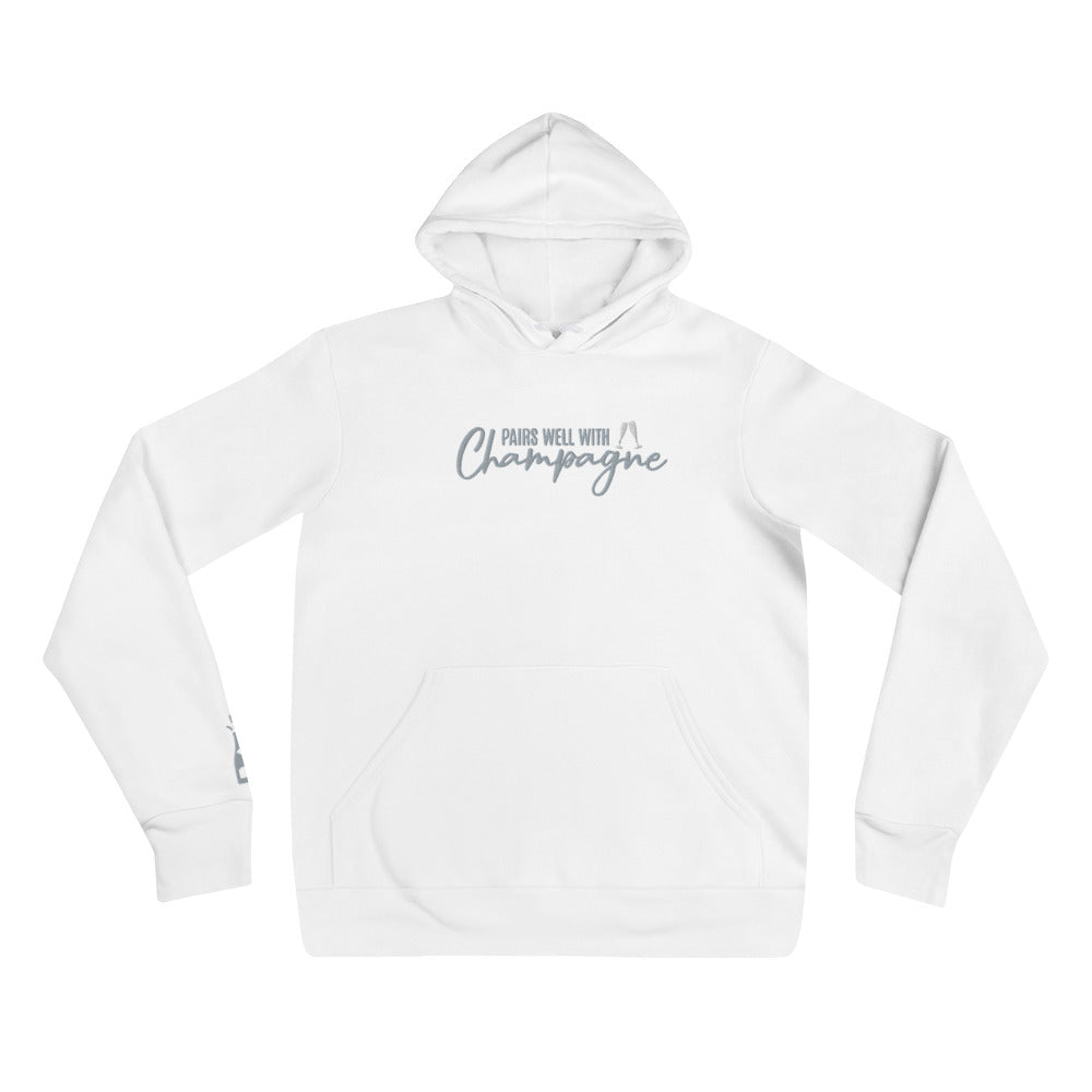 Adult Hoodie "PAIRS WELL WITH CHAMPAGNE" Embroidered in Storm Grey on Classic White