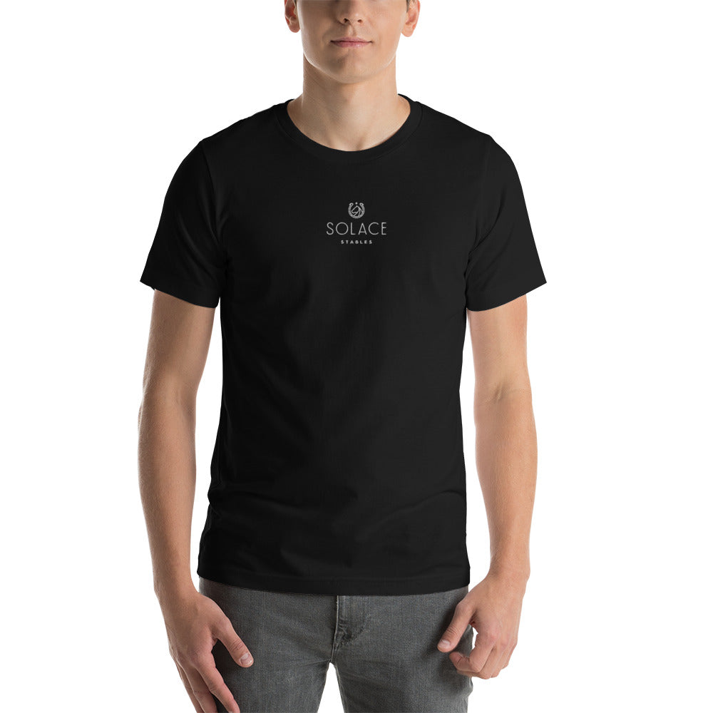 Adult T-Shirt "SOLACE STABLES" Embroidered in Classic White on Basic Black, French Navy, Canadian Red, Racing Green or Storm Grey