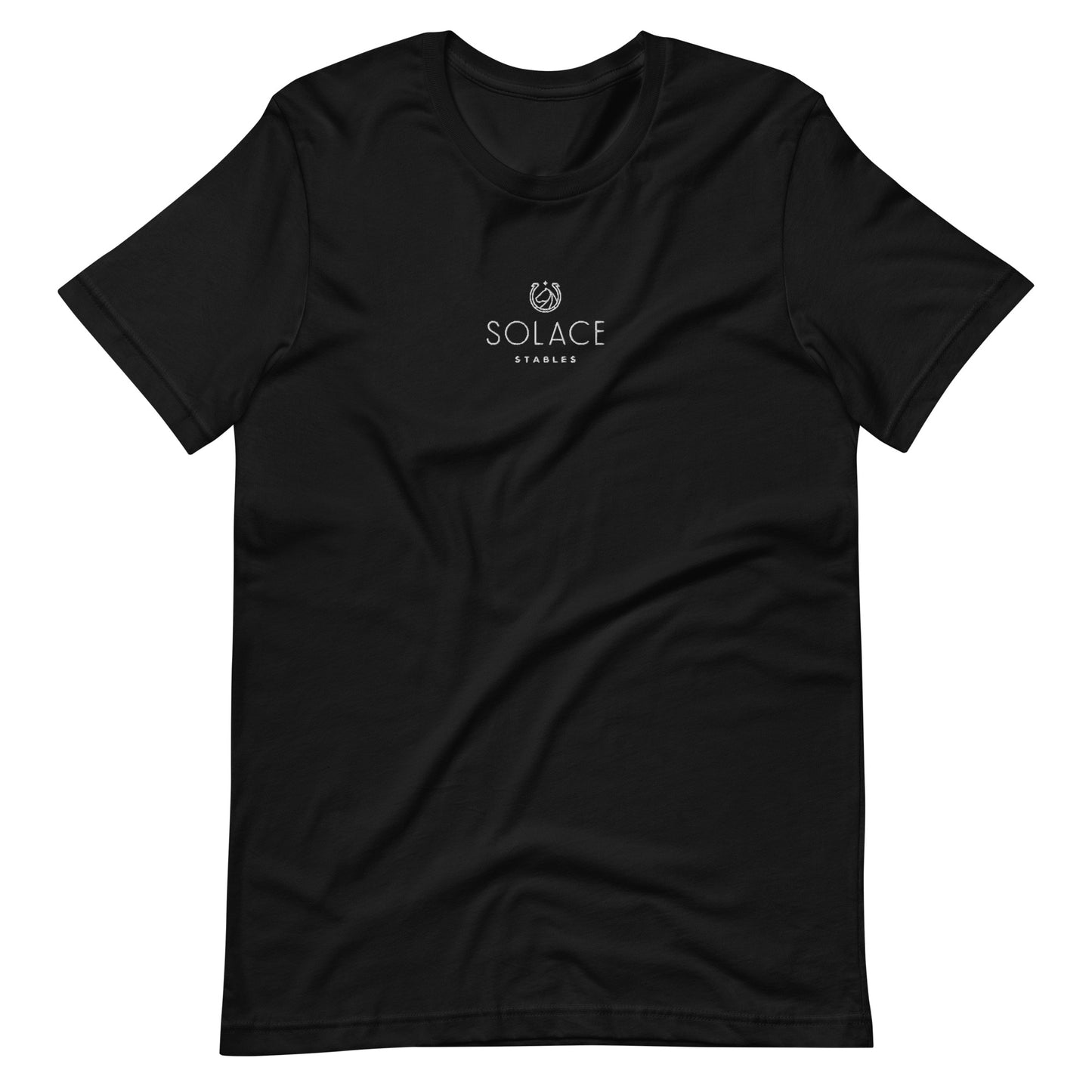 Adult T-Shirt "SOLACE STABLES" Embroidered in Classic White on Basic Black, French Navy, Canadian Red, Racing Green or Storm Grey