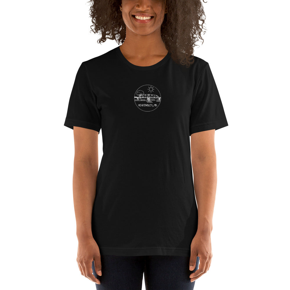 Adult T-Shirt "HEADINGLEY, MB" Embroidered in Classic White on Basic Black, French Navy, Canadian Red, Racing Green or Storm Grey