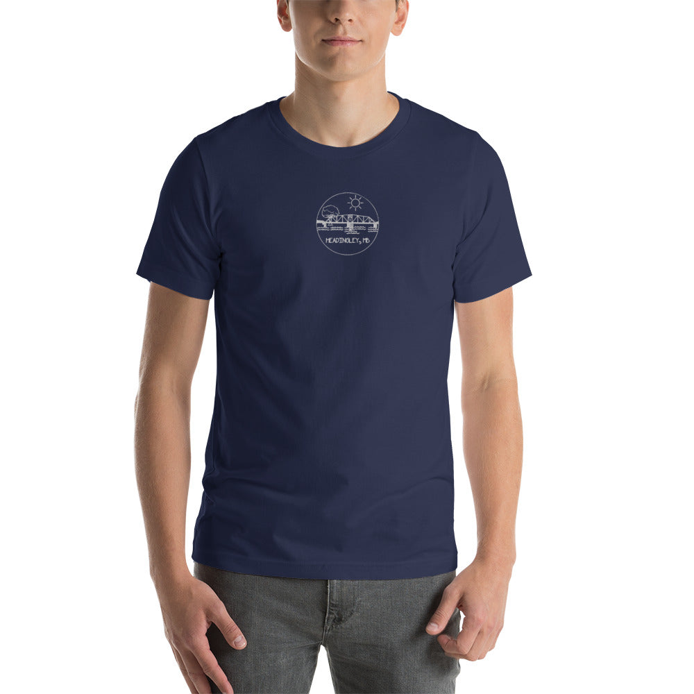 Adult T-Shirt "HEADINGLEY, MB" Embroidered in Classic White on Basic Black, French Navy, Canadian Red, Racing Green or Storm Grey