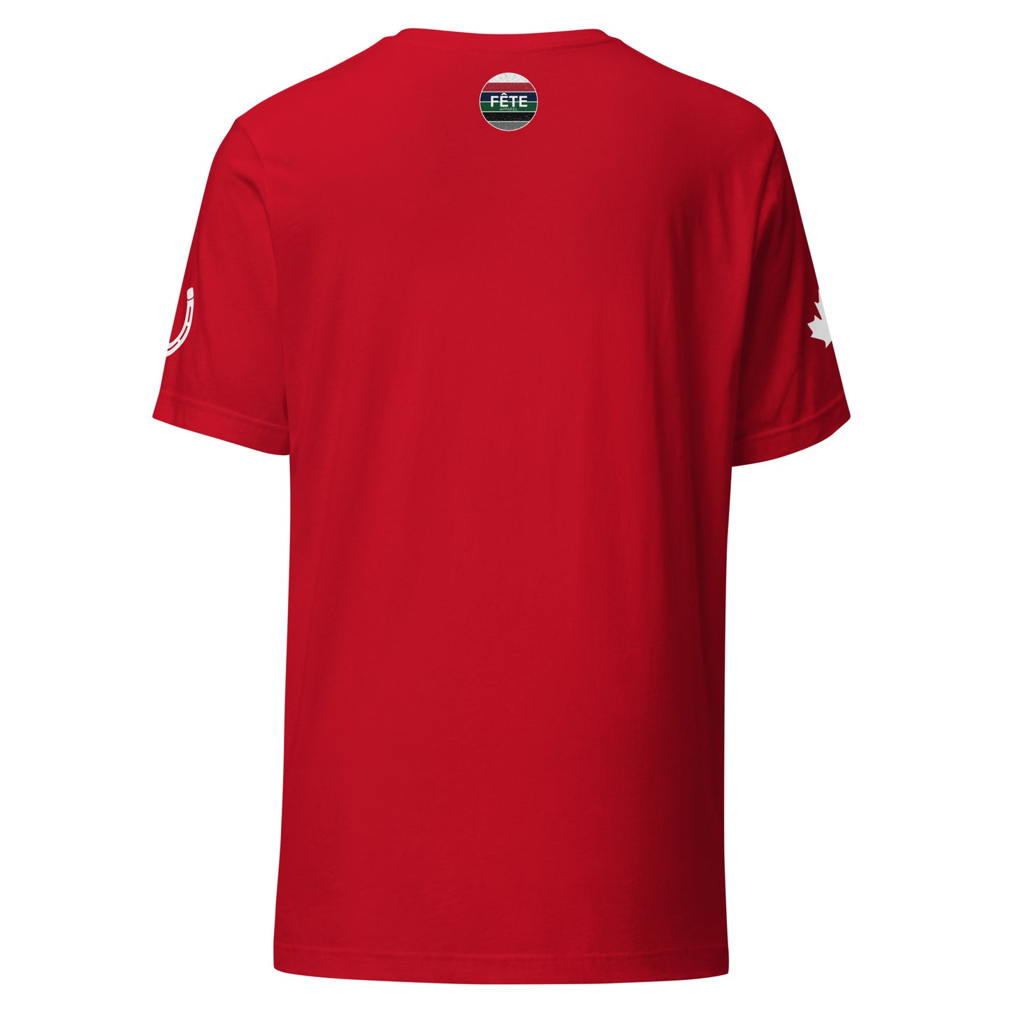 Men's T-Shirt "ON THE EH TEAM" Maple Leaf & Horseshoe in Classic White on Canadian Red