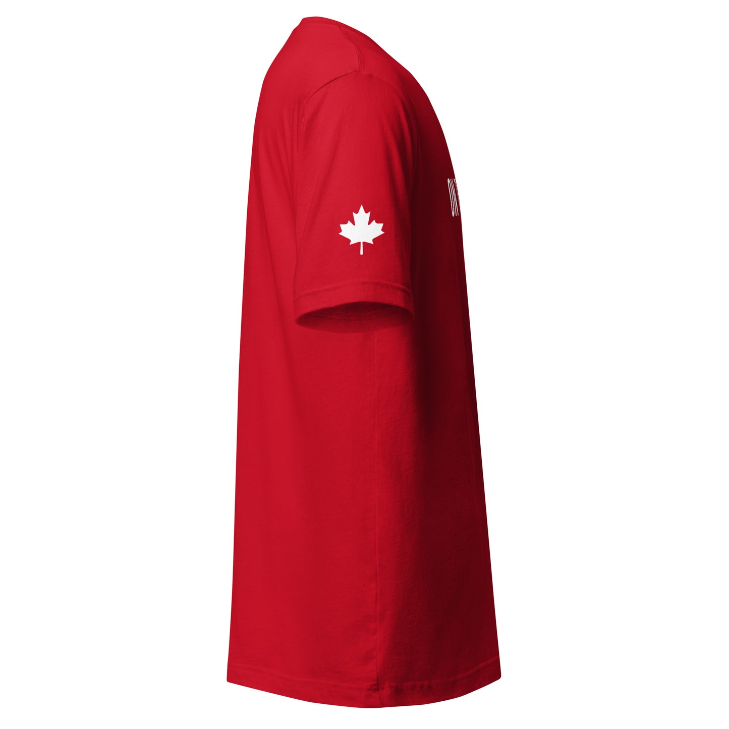 Men's T-Shirt "ON THE EH TEAM" Maple Leaf & Horseshoe in Classic White on Canadian Red