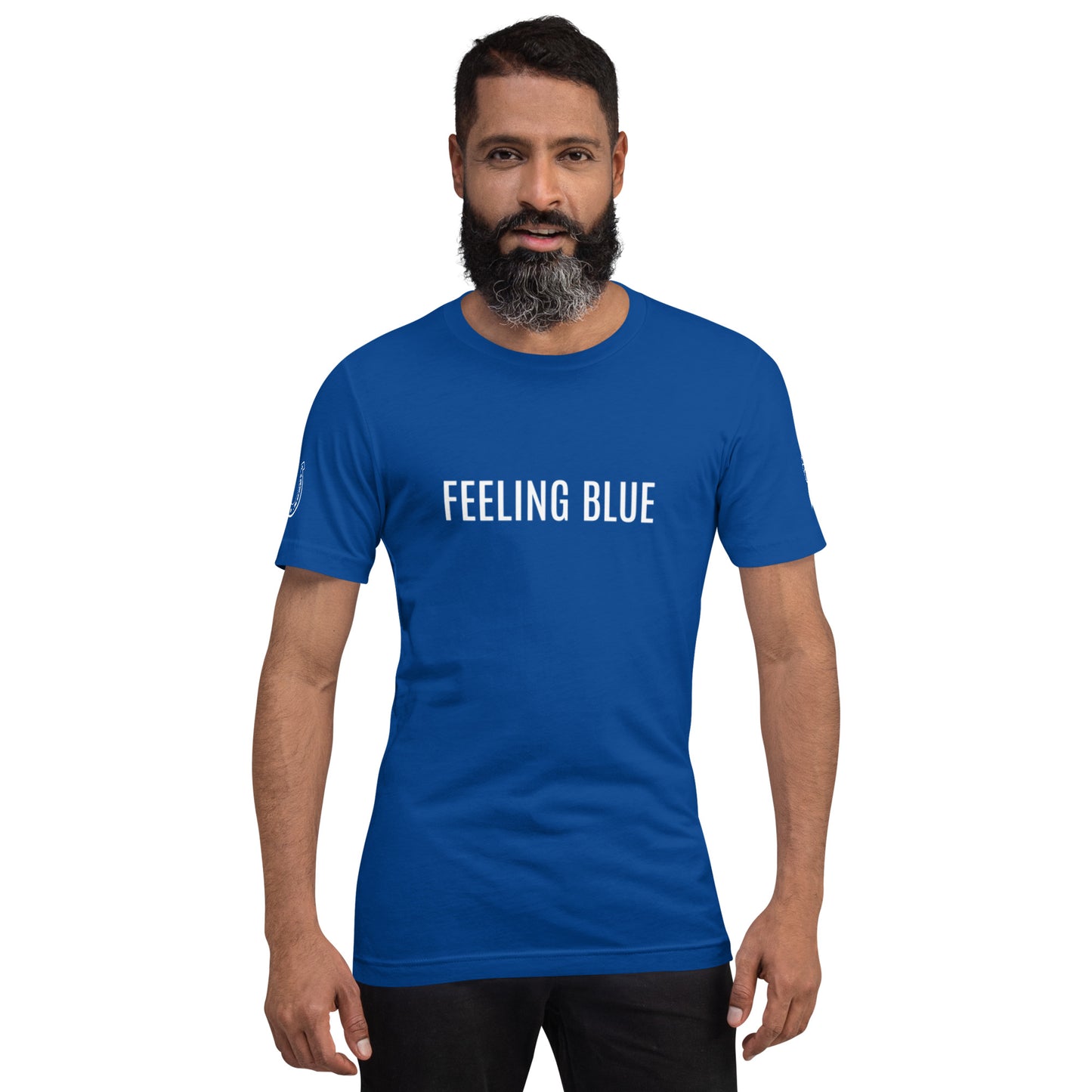 Men's T-Shirt "FEELING BLUE" in Classic White on Royal Blue