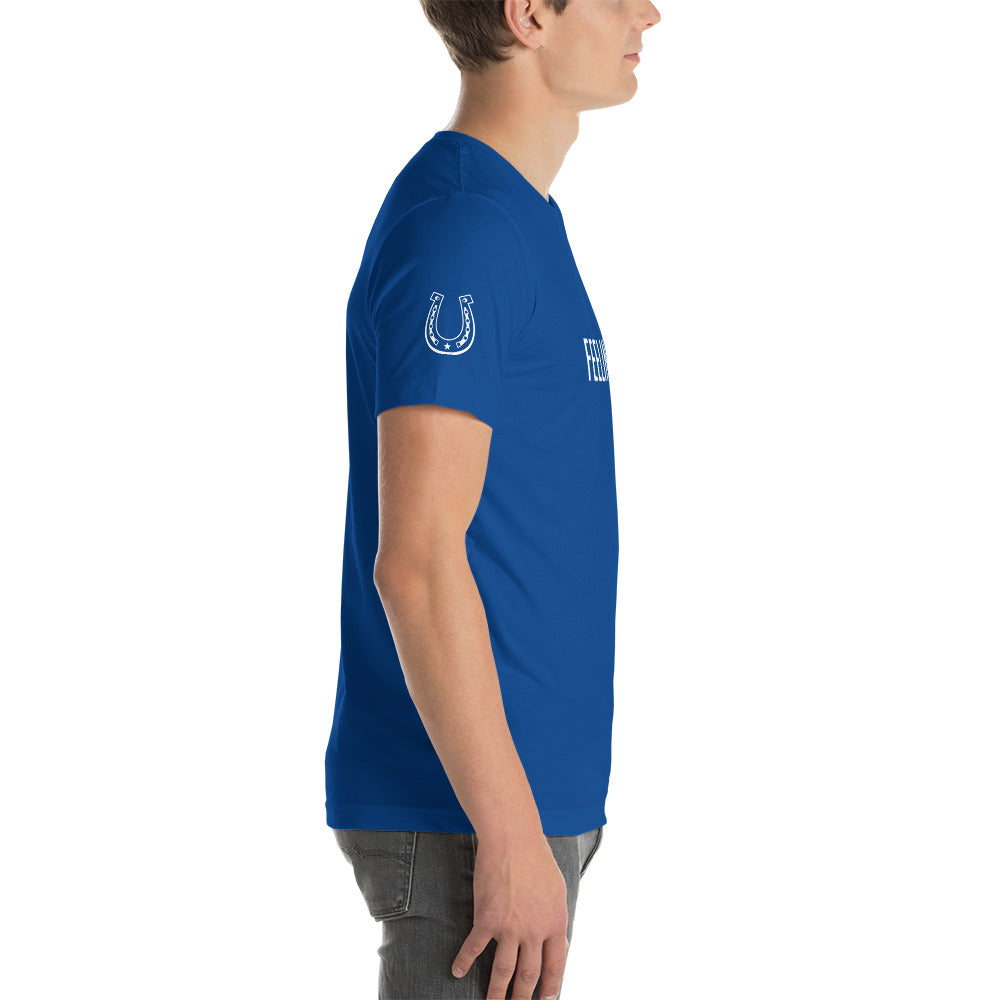Men's T-Shirt "FEELING BLUE" in Classic White on Royal Blue