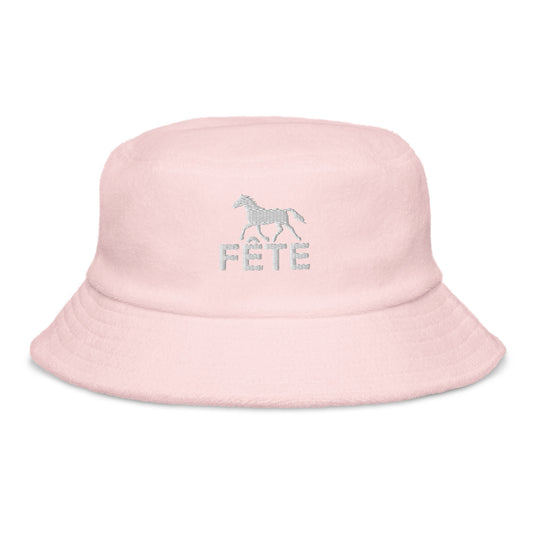 Terry Cloth Bucket Hat "FÊTE" Equestrian Embroidered in White on Light Pink, Light Blue, Light Yellow or Classic White