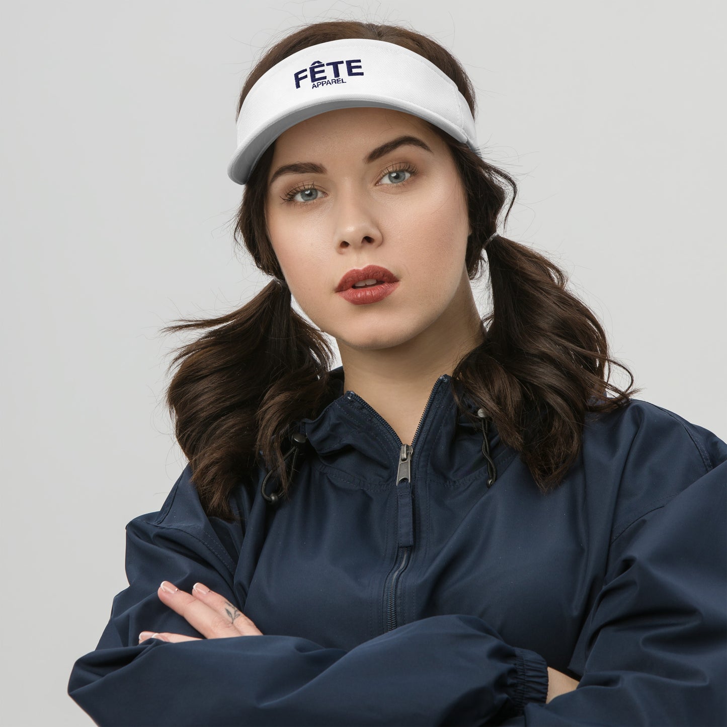 Visor "FÊTE Apparel" Embroidered in French Navy on Classic White