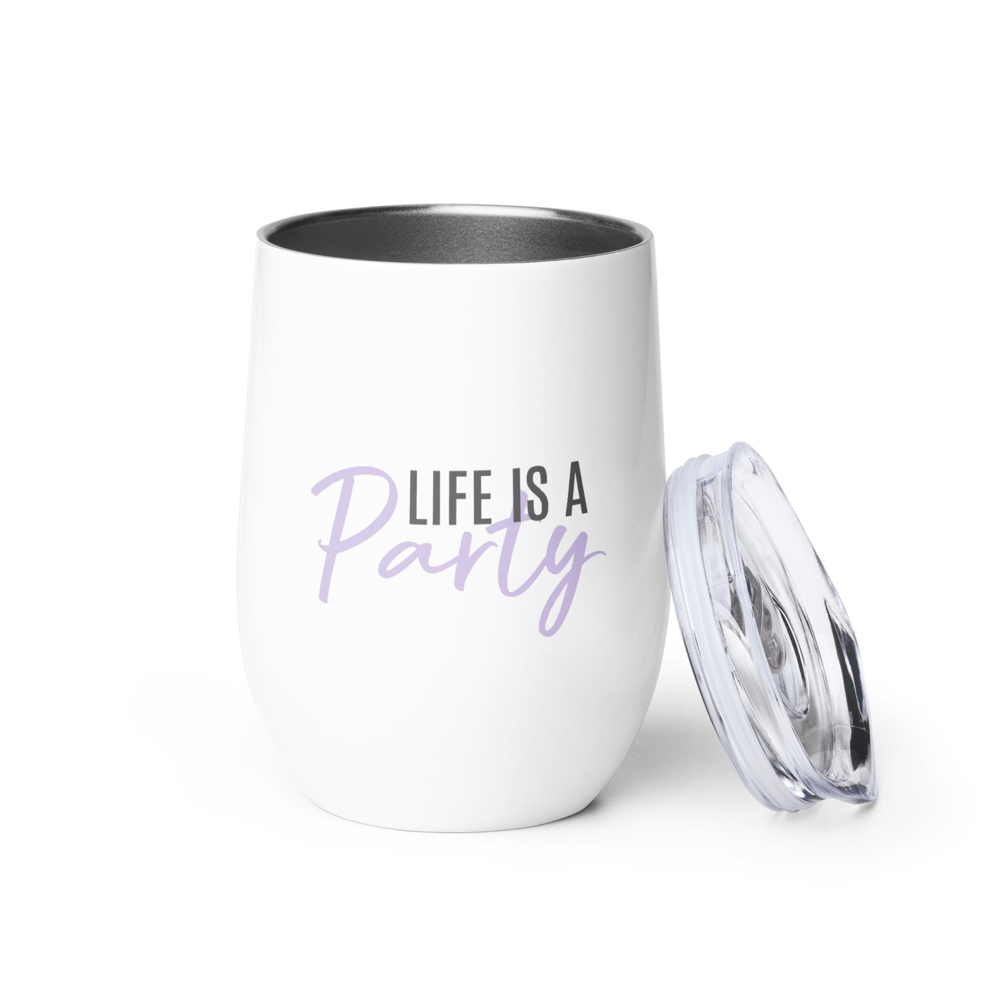 Short Tumbler "LIFE IS A PARTY" in Grape Taffy & Storm Grey on Classic White