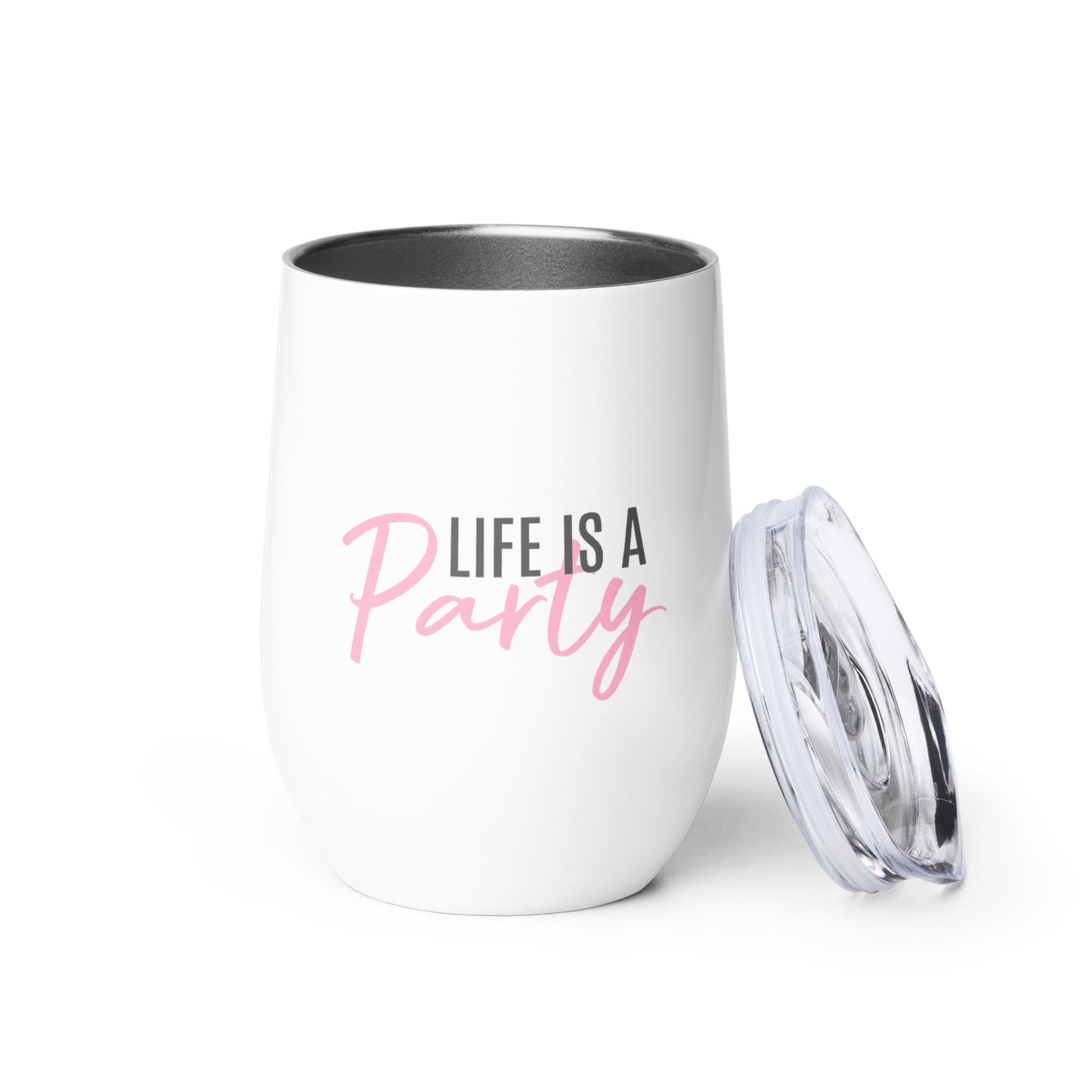 Short Tumbler "LIFE IS A PARTY" in Cotton Candy & Storm Grey on Classic White