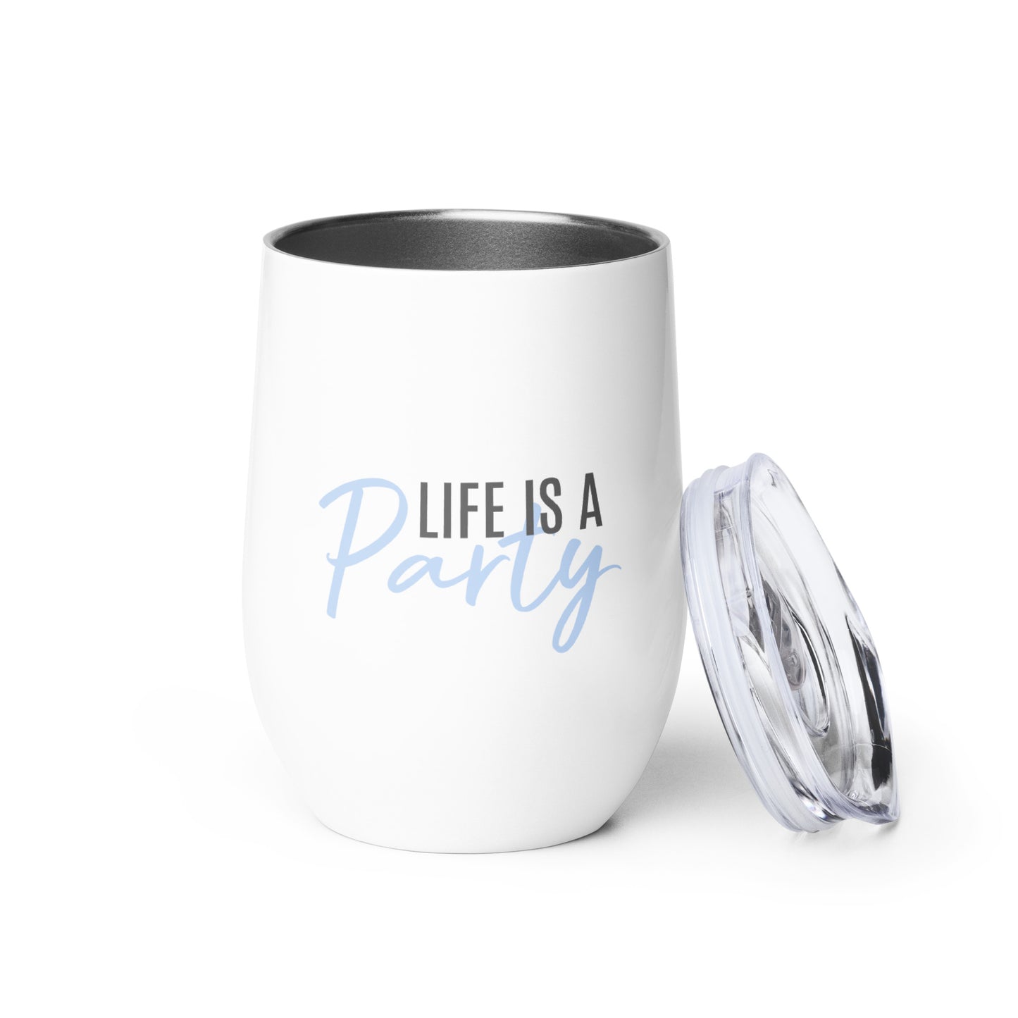 Short Tumbler "LIFE IS A PARTY" in Blue Bubblegum & Storm Grey on Classic White