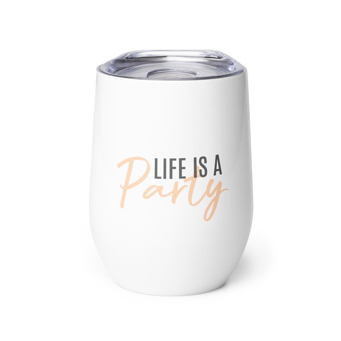 Short Tumbler "LIFE IS A PARTY" in Peach Creamsicle & Storm Grey on Classic White