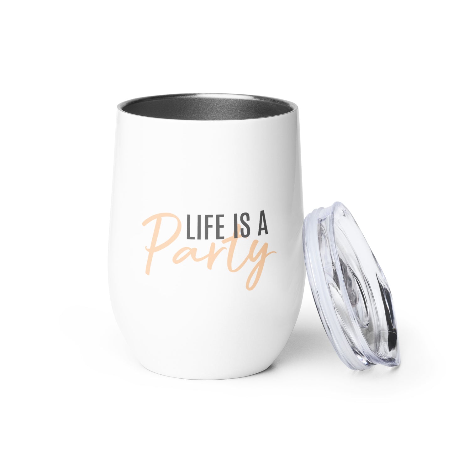 Short Tumbler "LIFE IS A PARTY" in Peach Creamsicle & Storm Grey on Classic White