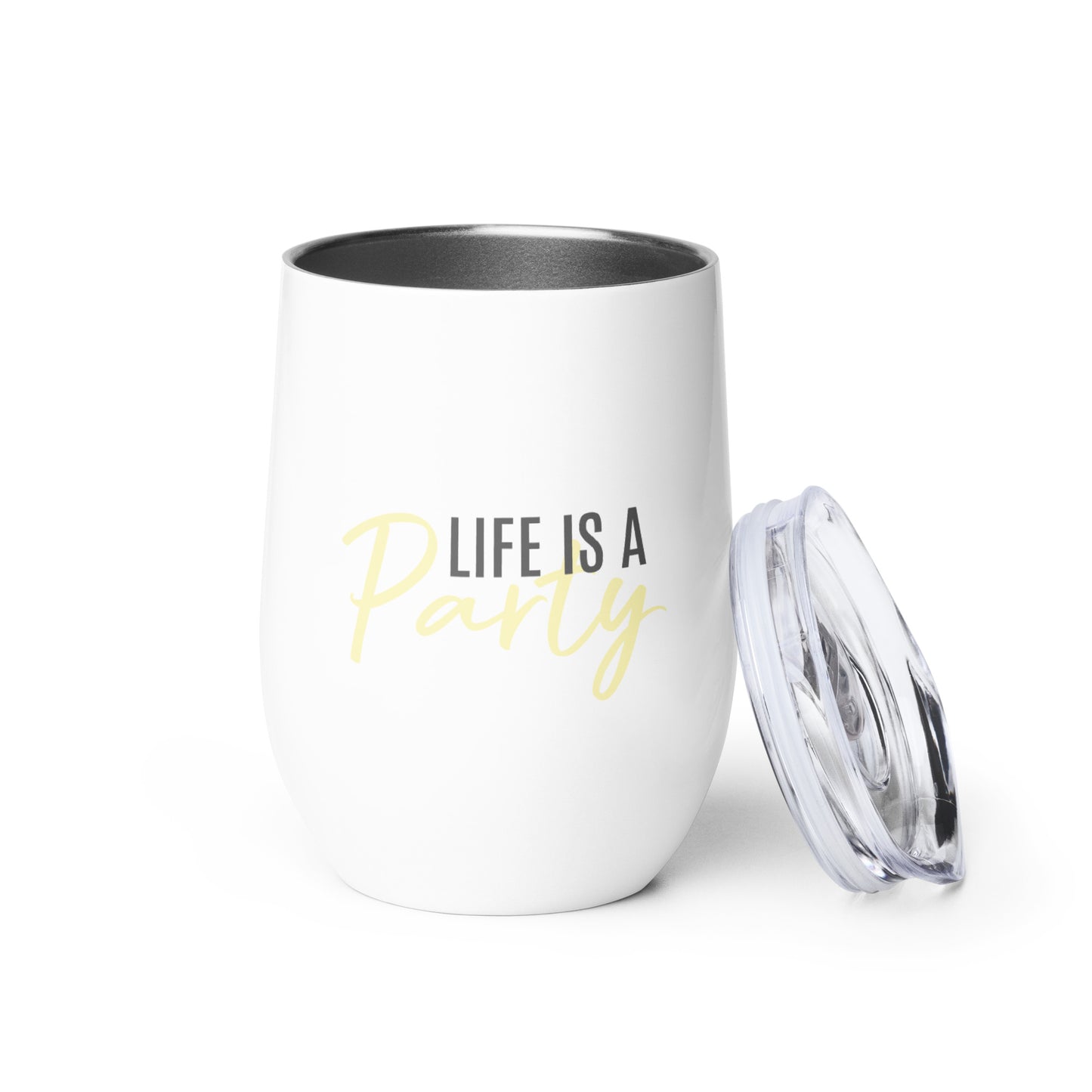 Short Tumbler "LIFE IS A PARTY" in Frozen Lemonade & Storm Grey on Classic White