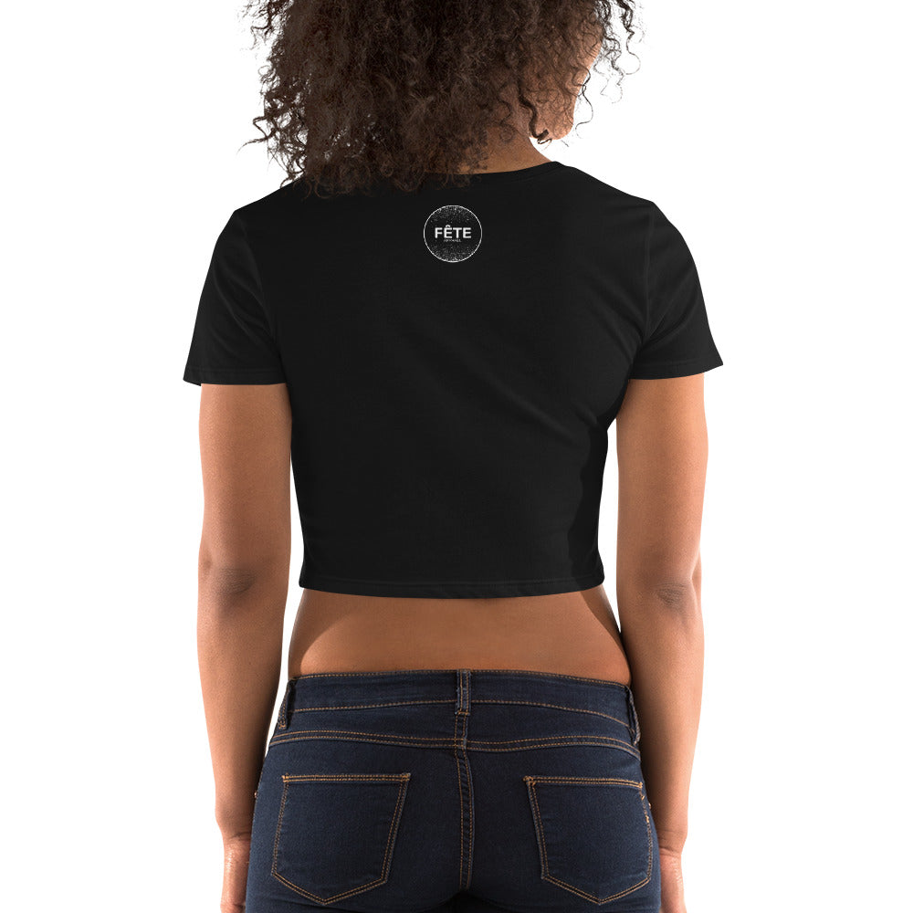 Women’s Cropped T-Shirt "FÊTE" Equestrian in Classic White on Basic Black