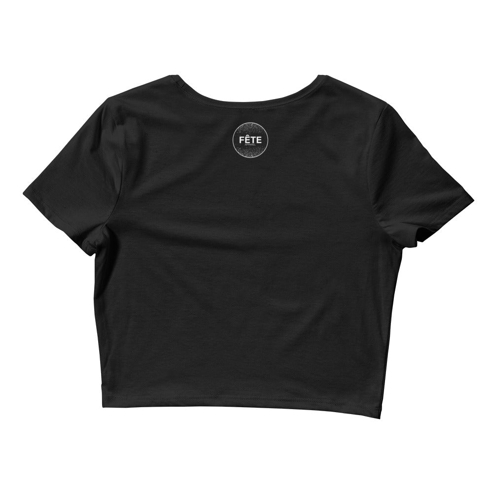 Women’s Cropped T-Shirt "FÊTE" Equestrian in Classic White on Basic Black