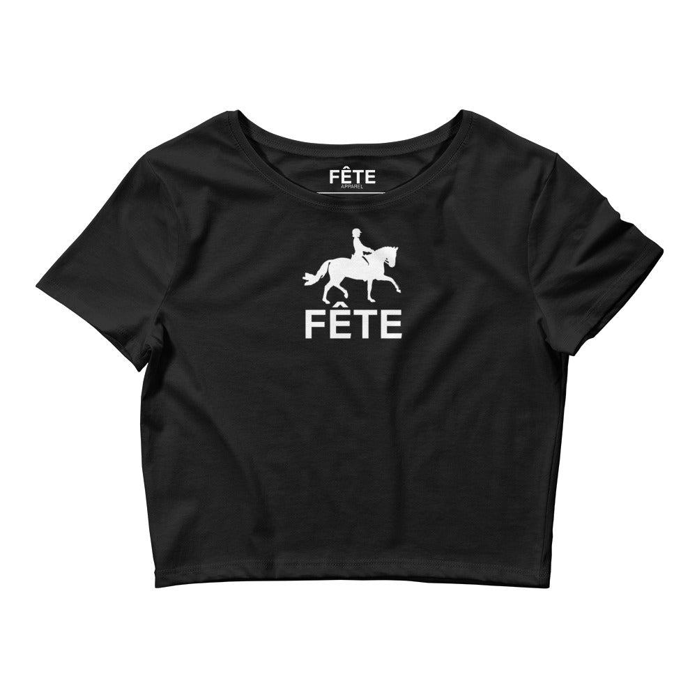 Women’s Cropped T-Shirt "FÊTE" Equestrian in Classic White on Basic Black