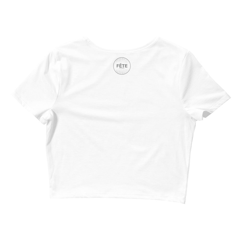 Women’s Cropped T-Shirt "COOKIES IMPROVE PERFORMANCE" in Storm Grey on Classic White