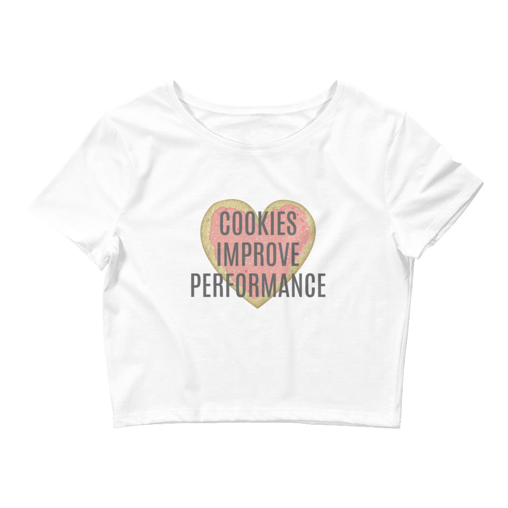 Women’s Cropped T-Shirt "COOKIES IMPROVE PERFORMANCE" in Storm Grey on Classic White