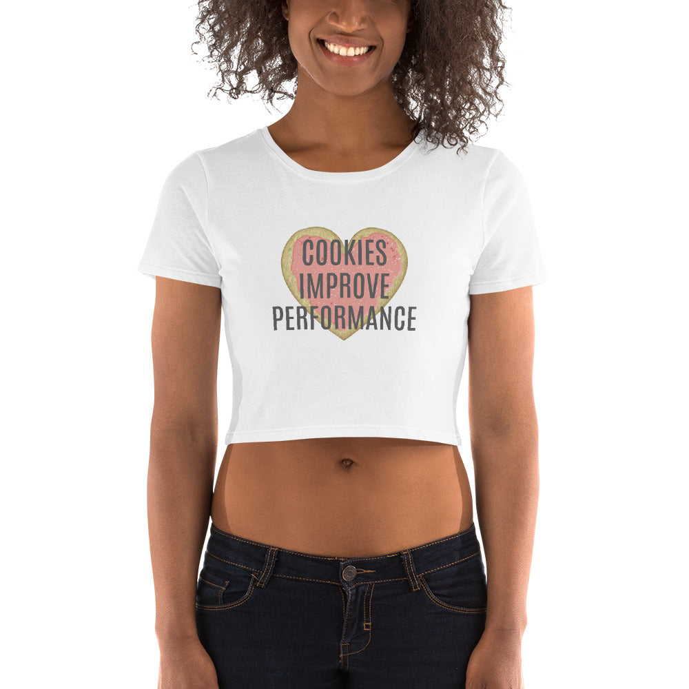 Women’s Cropped T-Shirt "COOKIES IMPROVE PERFORMANCE" in Storm Grey on Classic White