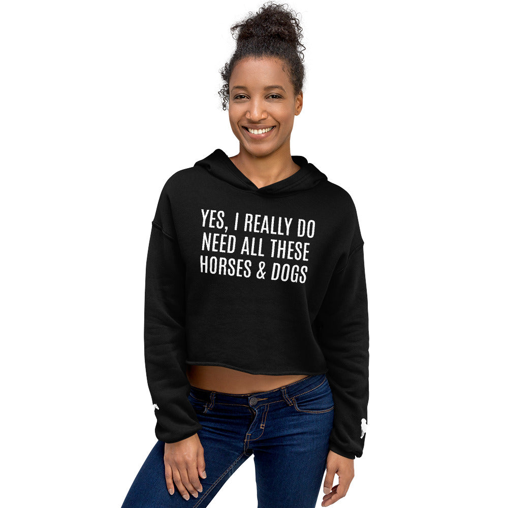 Women's Cropped Hoodie "HORSES & DOGS" in Classic White on Basic Black or Storm Grey