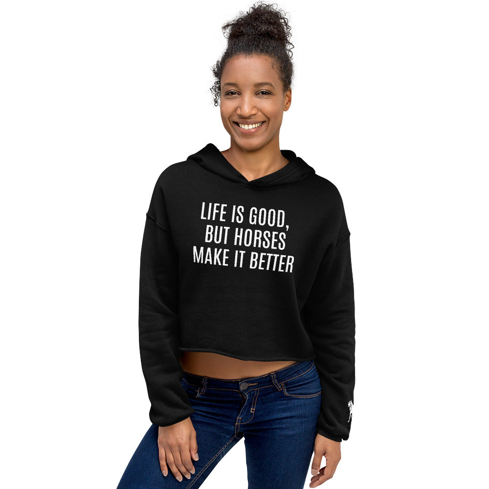 Women's Cropped Hoodie "LIFE IS GOOD" in Classic White on Basic Black or Storm Grey